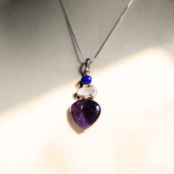 Natural Lapis Keshi Pearl & Amethyst ARTISAN Pendant 925 Sterling Silver Chain - Picture 3 of 8